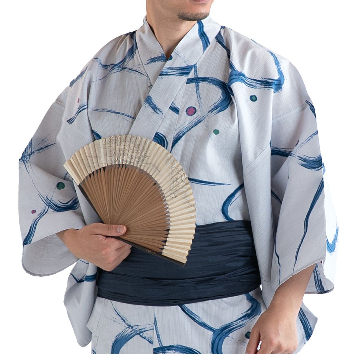 滝流れ 綿 曲線に点 ブルーグレー M～LL （浴衣+濃紺兵児帯+腰紐）