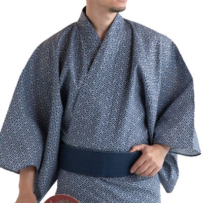 滝流れ 綿 紗綾型 紺グレー M～LL （浴衣+ネイビー角帯+腰紐）