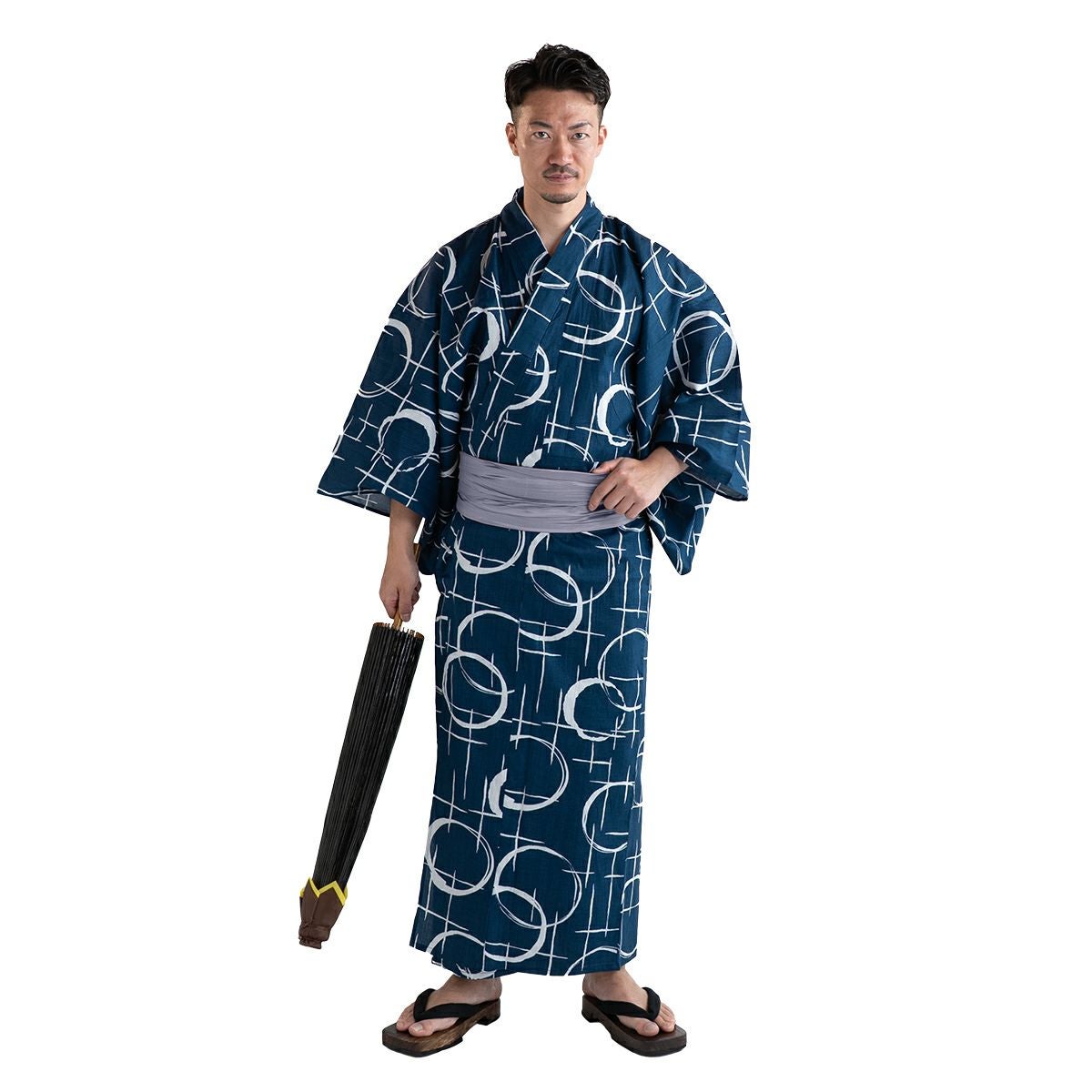 滝流れ 綿 丸に十字 紺 M～LL （浴衣+シルバー兵児帯+腰紐）