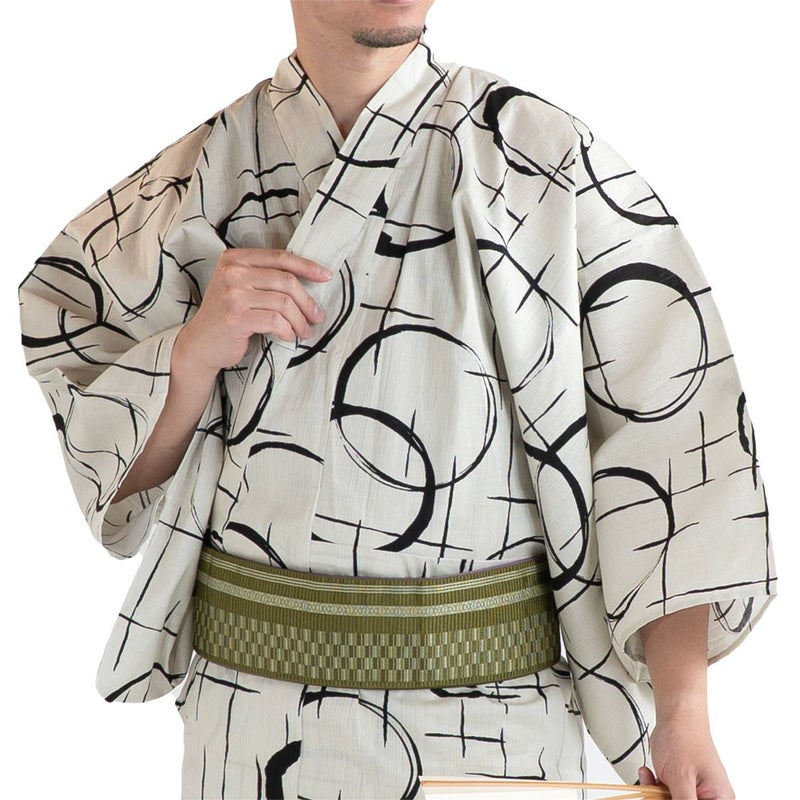 滝流れ 綿 丸に十字 ベージュ M～LL （浴衣+カーキ角帯+腰紐）