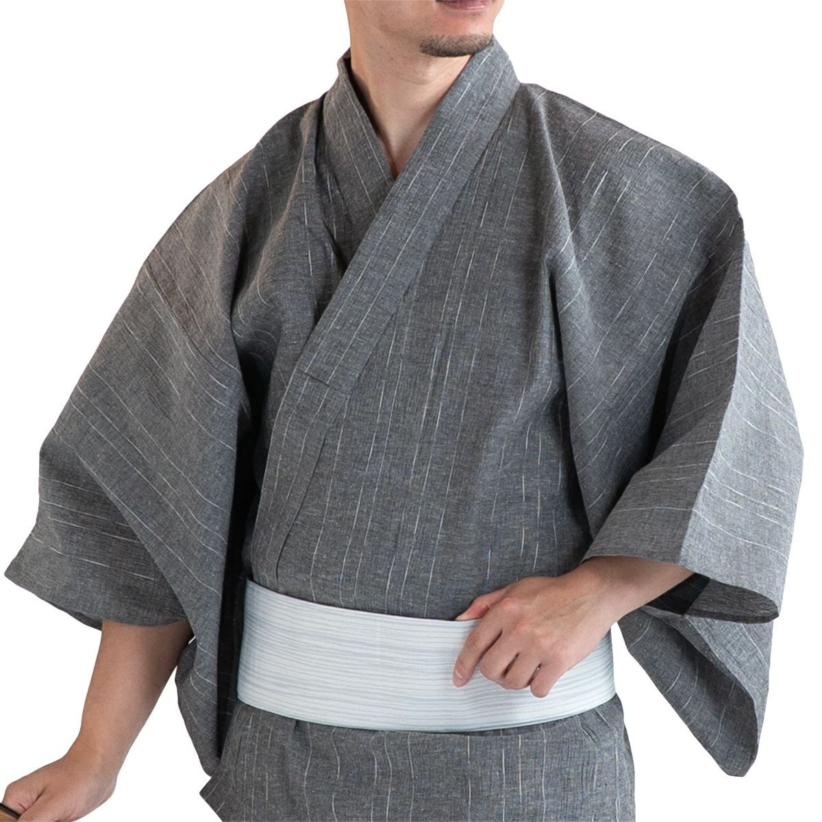 清涼感のある大人浴衣セット 近江ちぢみ 綿麻 グレー （浴衣+グレー縞角帯+男締め）