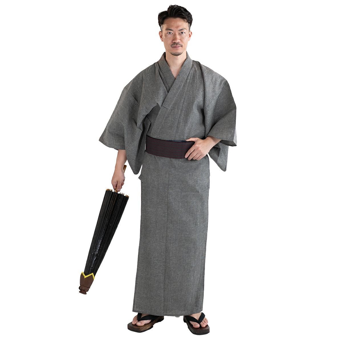 近江ちぢみ 綿麻 グレー無地 （浴衣+黒縞角帯+男締め）