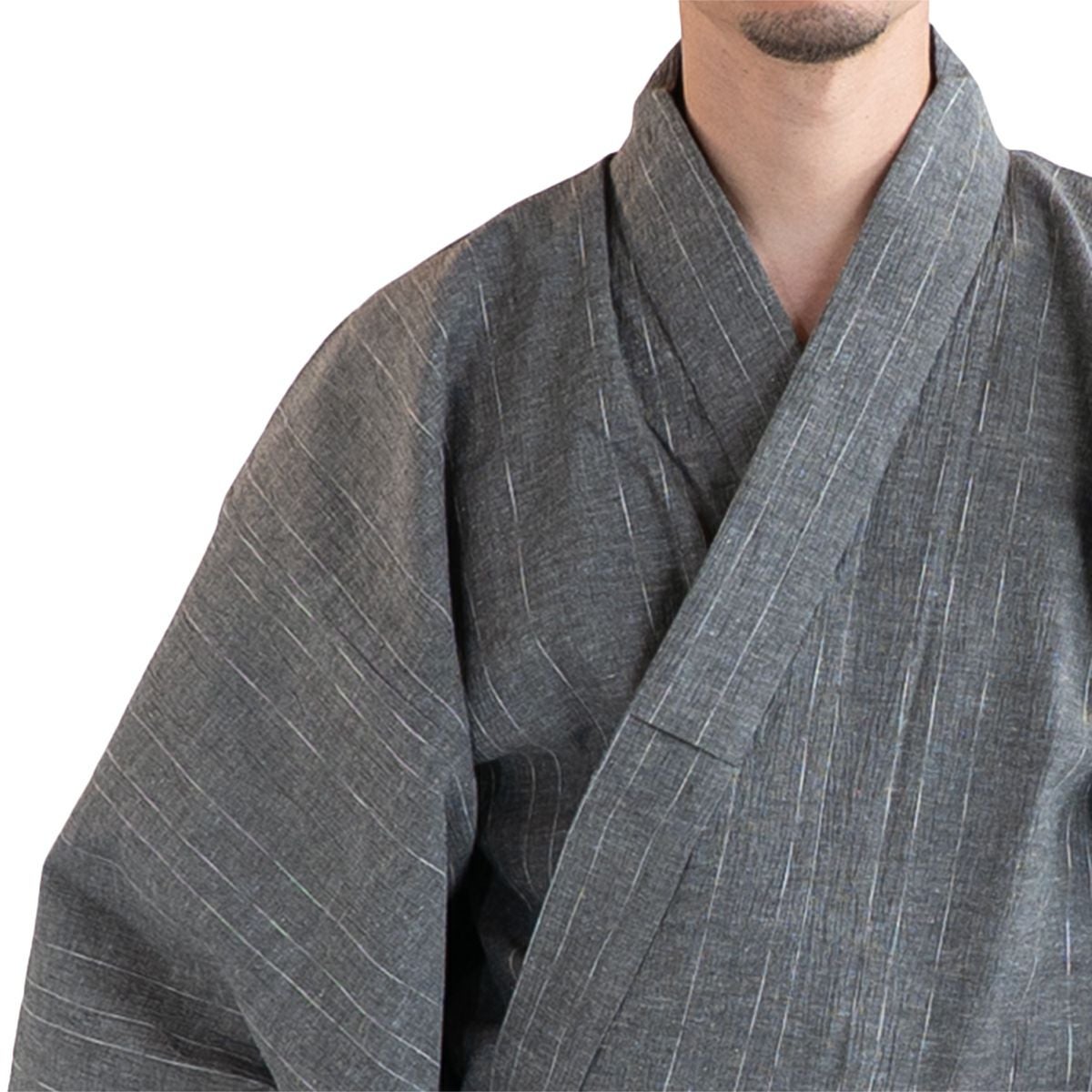 近江ちぢみ 綿麻 グレー （浴衣+献上ワインレッド角帯+男締め）