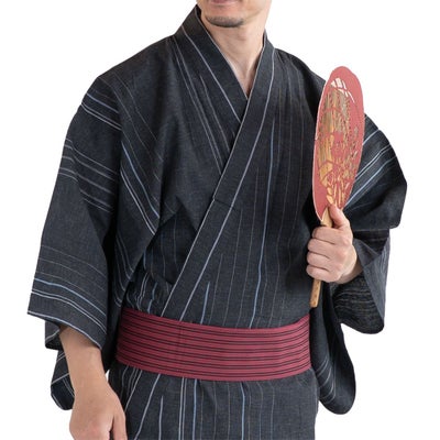 近江ちぢみ 綿麻 濃グレー縞 （浴衣+ワインレッド縞角帯+男締め）