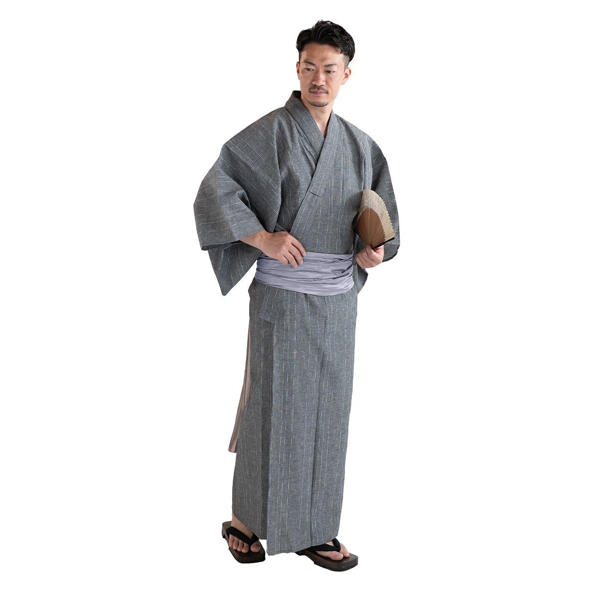 近江ちぢみ 綿麻 グレー （浴衣+シルバー兵児帯+男締め）