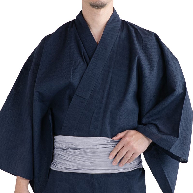 浴衣セット しじら 綿麻 紺 M～LL （浴衣+シルバー兵児帯+腰紐）