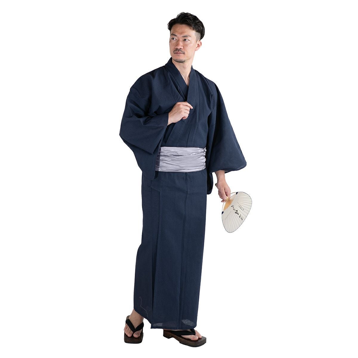 浴衣セット しじら 綿麻 紺 M～LL （浴衣+シルバー兵児帯+腰紐）