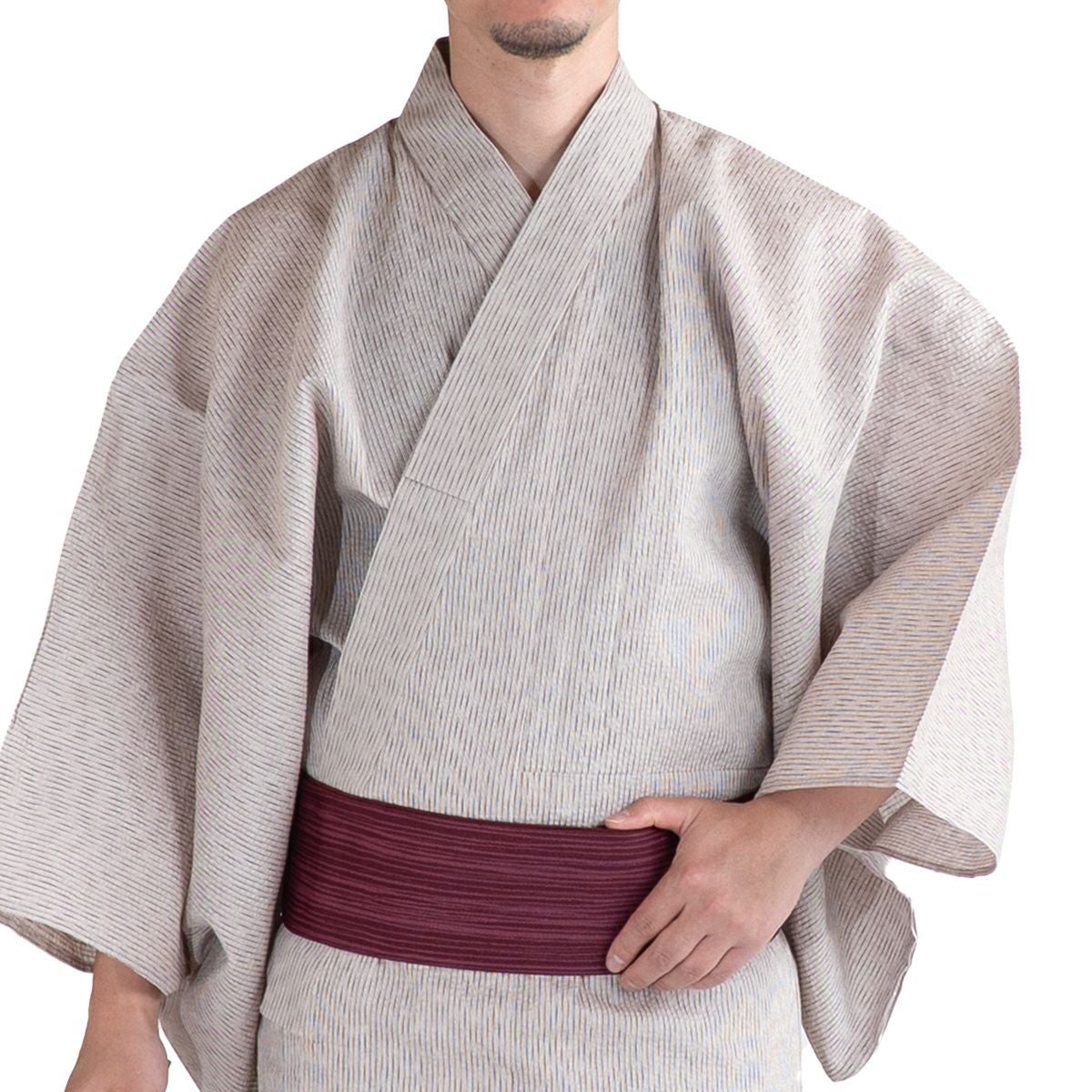浴衣セット しじら 綿麻 オフホワイト M～LL （浴衣+縞赤紫角帯+腰紐）