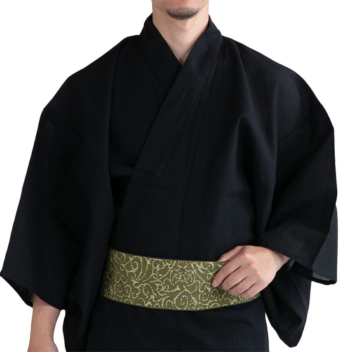 浴衣セット しじら 綿麻 黒 M～LL （浴衣+蔓カーキ角帯+腰紐）