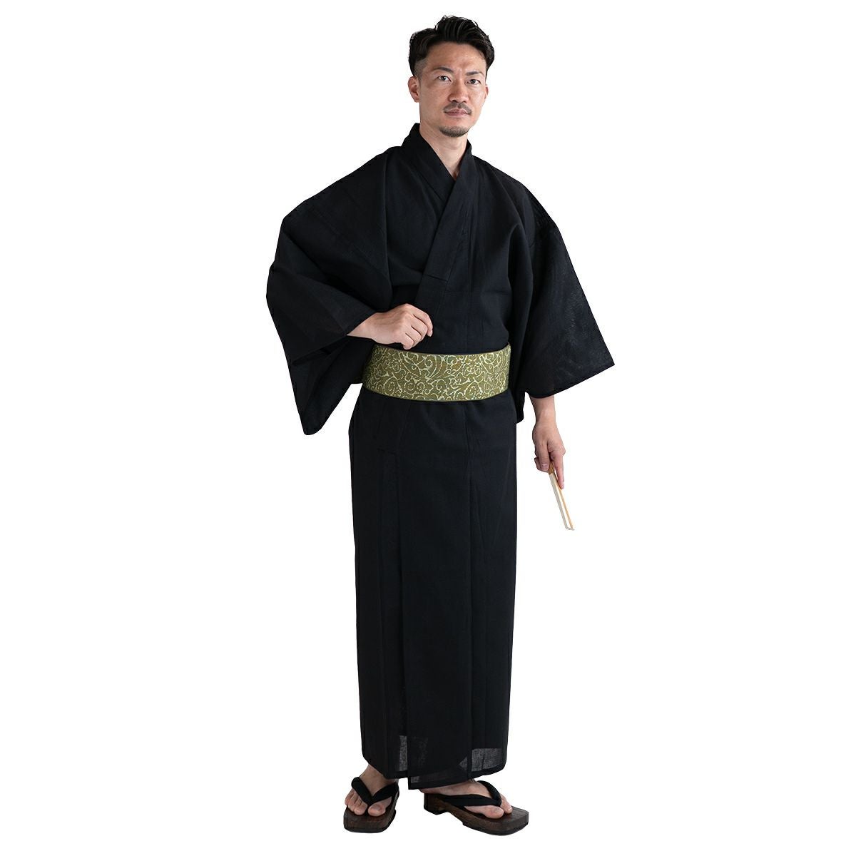 浴衣セット しじら 綿麻 黒 M～LL （浴衣+蔓カーキ角帯+腰紐）
