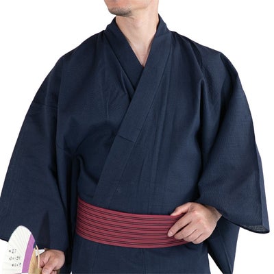 浴衣セット しじら 綿麻 紺 M～LL （浴衣+ワインレッド縞角帯+腰紐）
