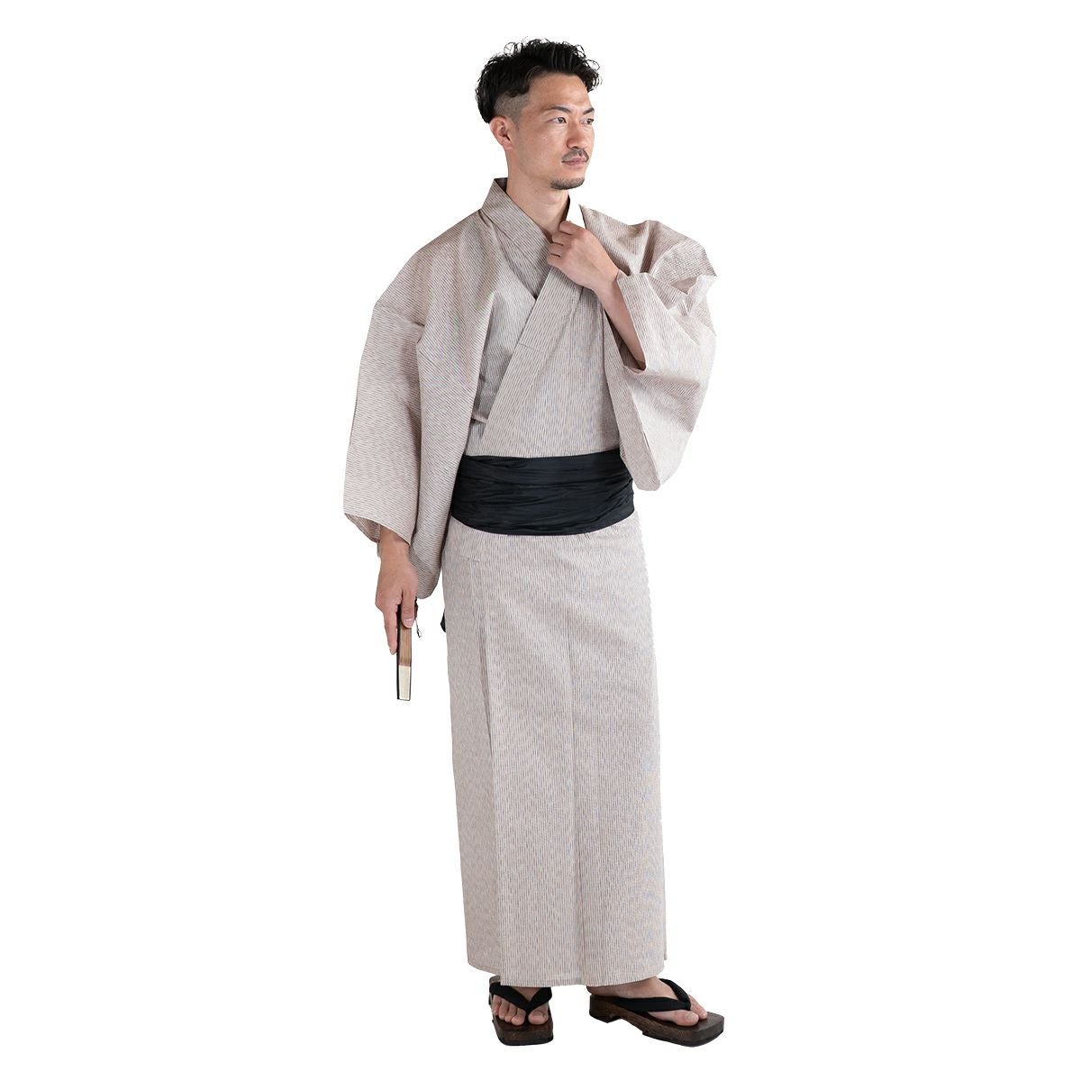 浴衣セット しじら 綿麻 オフホワイト M～LL （浴衣+黒兵児帯+腰紐）