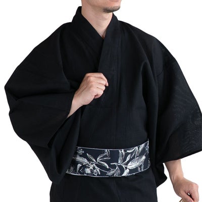 浴衣セット しじら 綿麻 黒 M～LL （浴衣+ボタニカル黒角帯+腰紐）