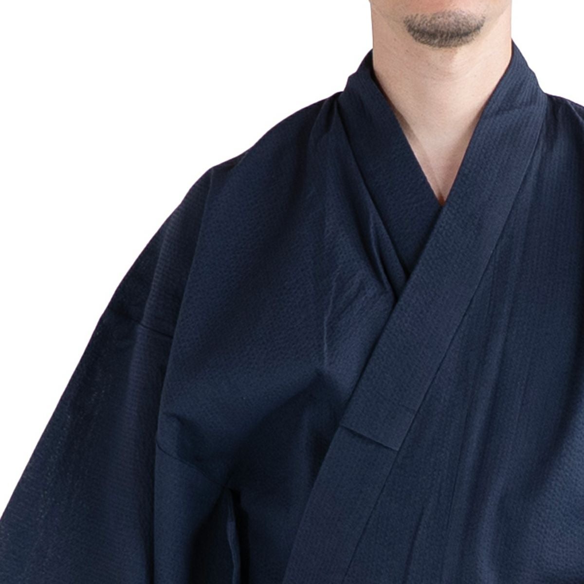 浴衣セット しじら 綿麻 紺 M～LL （浴衣+生成縞角帯+腰紐）