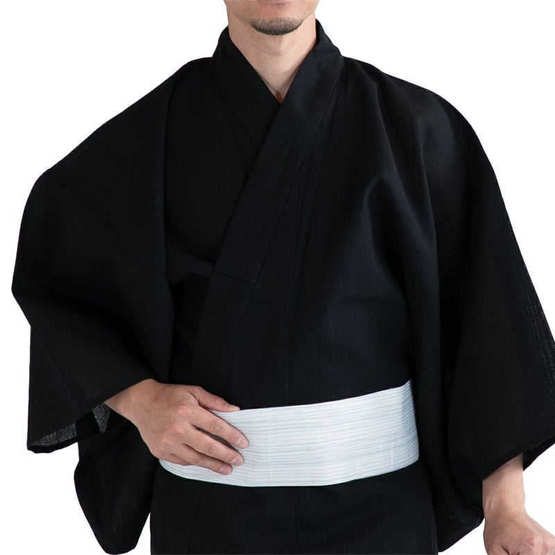 大きいサイズの浴衣セット しじら 綿麻 黒 3L～5L （浴衣+グレー縞角帯+腰紐）