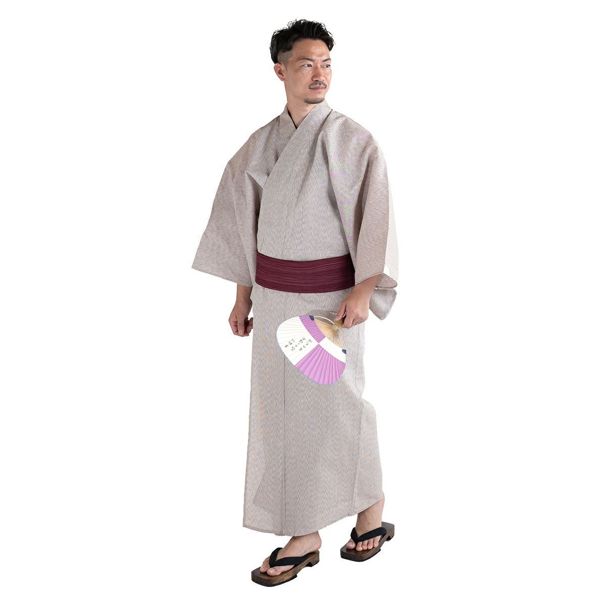 大きいサイズの浴衣セット しじら 綿麻 オフホワイト 3L～5L （浴衣+縞赤紫角帯+腰紐）