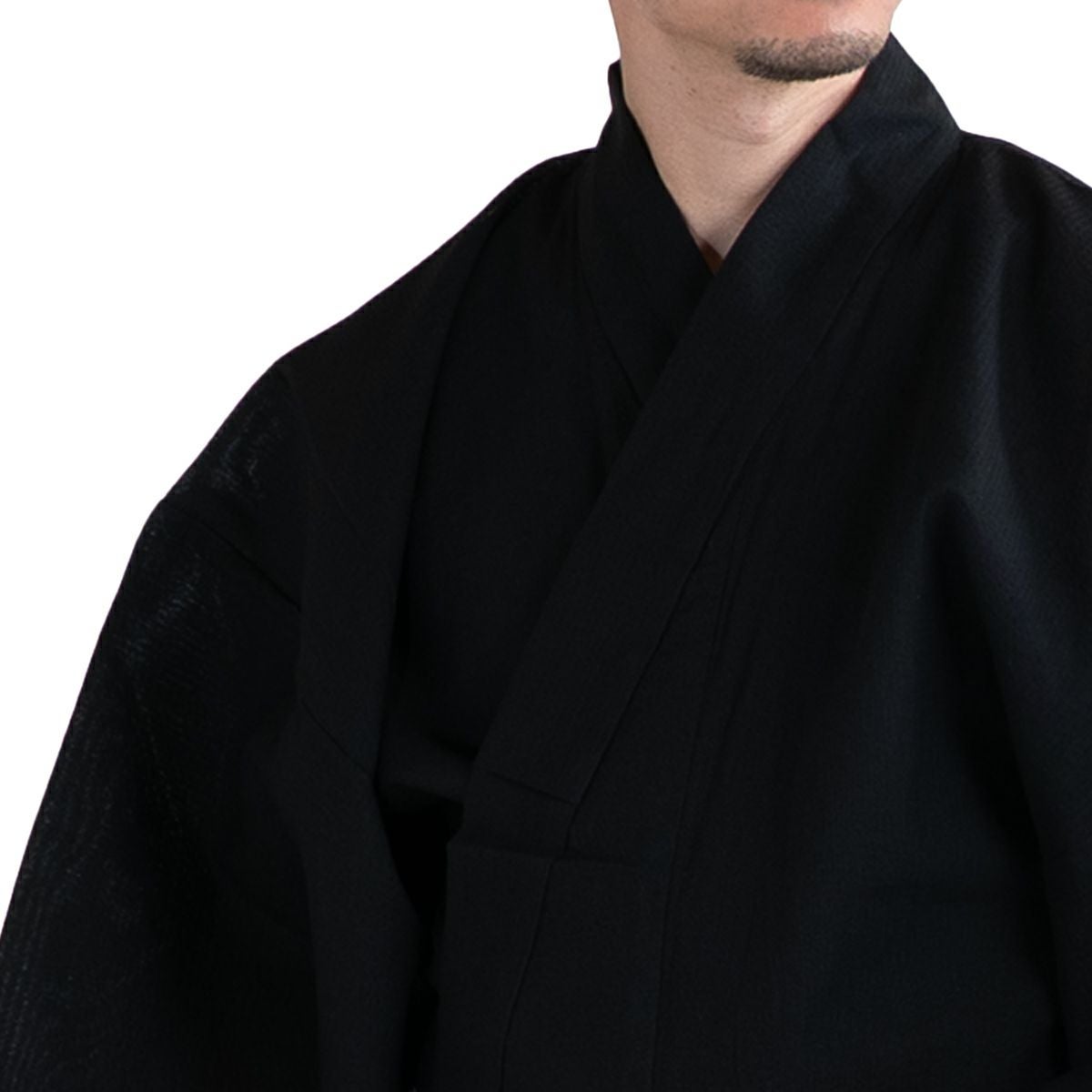 大きいサイズの浴衣セット しじら 綿麻 黒 3L～5L （浴衣+蔓カーキ角帯+腰紐）