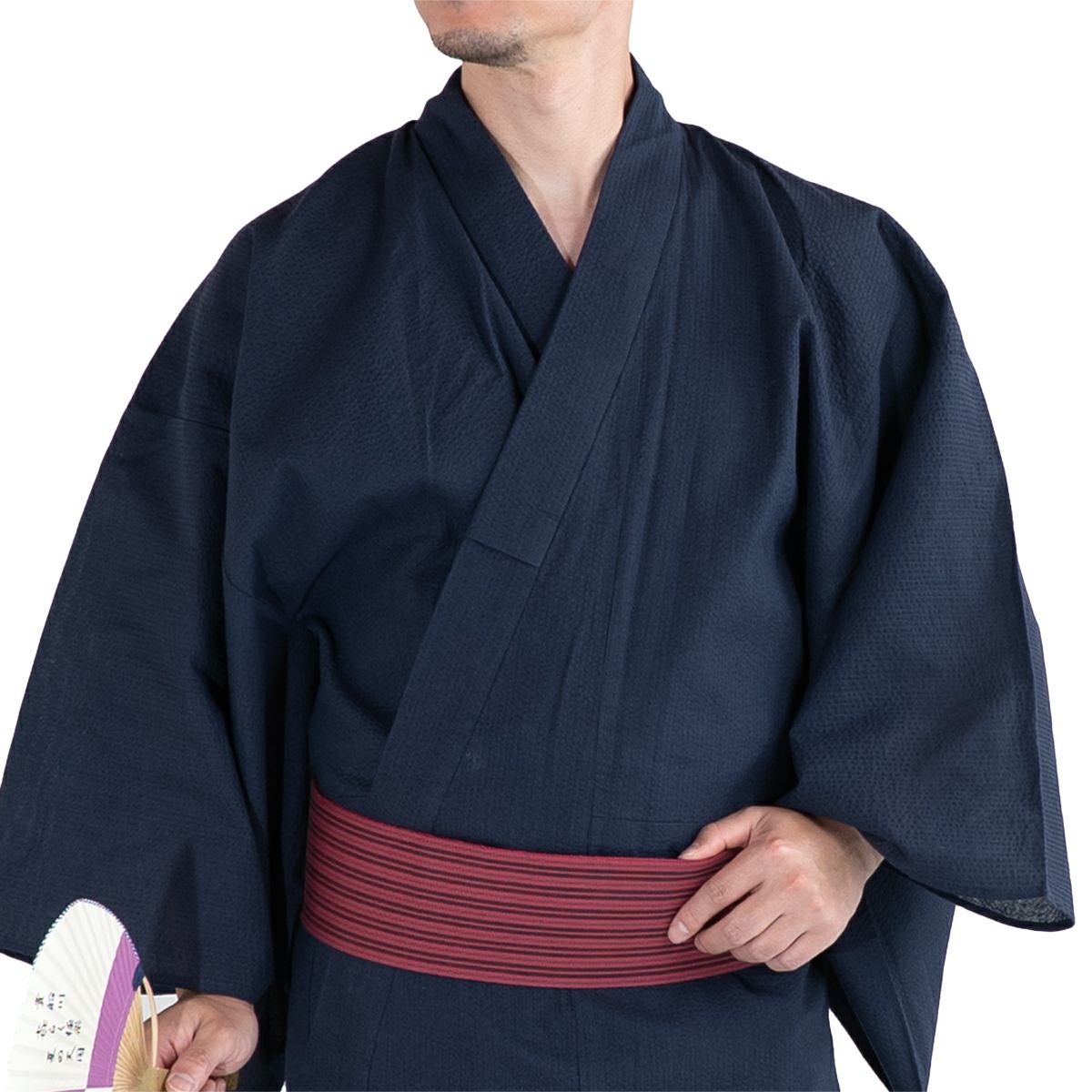 大きいサイズの浴衣セット しじら 綿麻 紺 3L～5L （浴衣+ワインレッド縞角帯+腰紐）