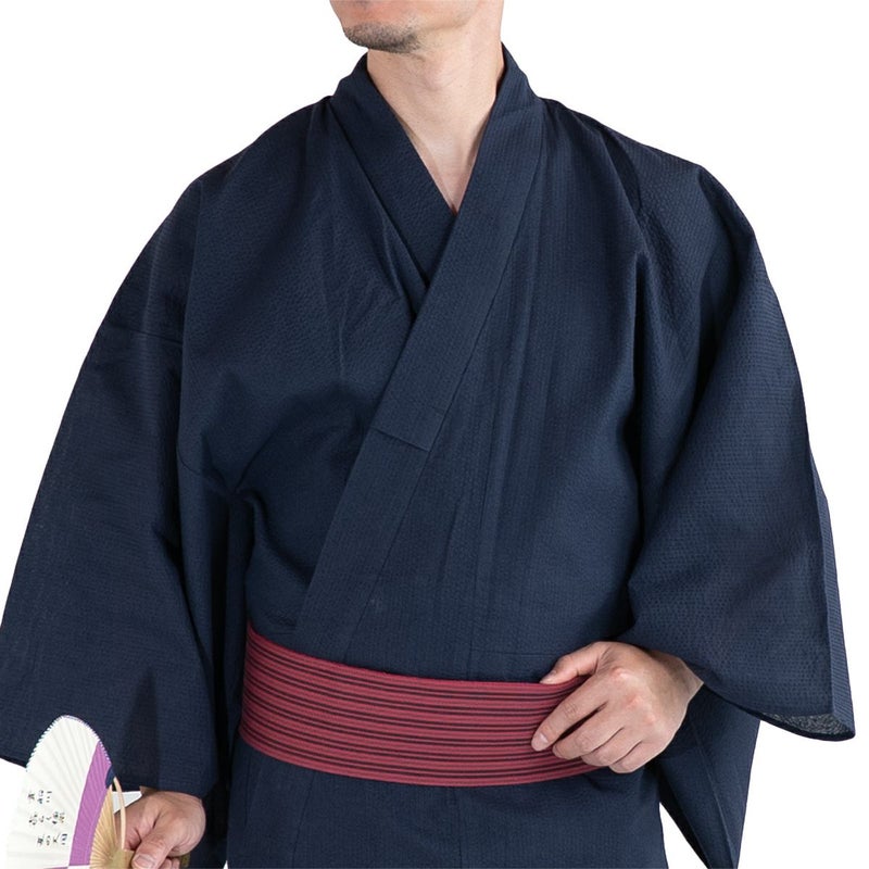 大きいサイズの浴衣セット しじら 綿麻 紺 3L～5L （浴衣+ワインレッド縞角帯+腰紐）