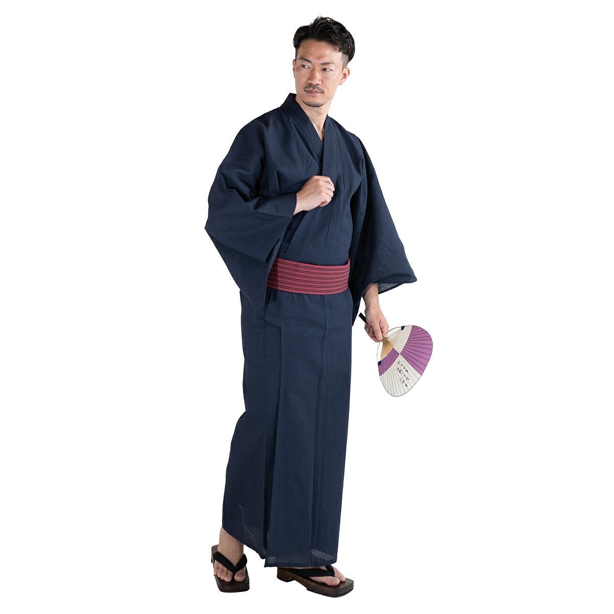 大きいサイズの浴衣セット しじら 綿麻 紺 3L～5L （浴衣+ワインレッド縞角帯+腰紐）