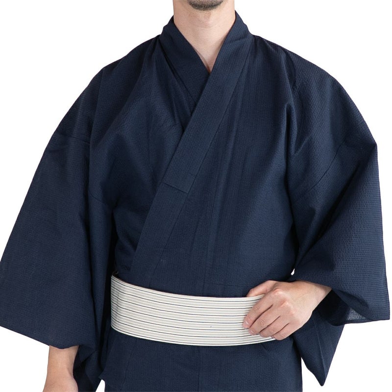 大きいサイズの浴衣セット しじら 綿麻 紺 3L～5L （浴衣+生成縞帯+腰紐）
