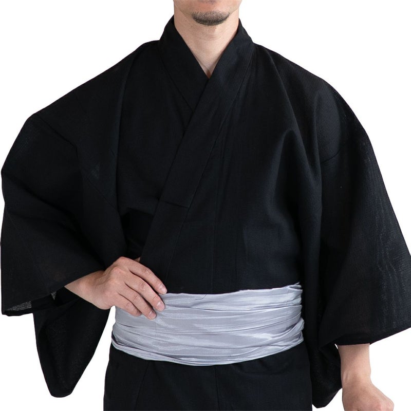 大きいサイズの浴衣セット しじら 綿麻 黒 3L～5L （浴衣+シルバー兵児帯+腰紐）