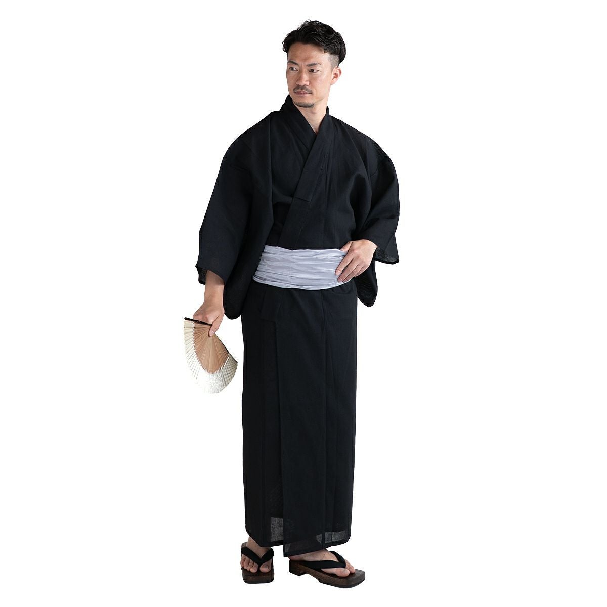 大きいサイズの浴衣セット しじら 綿麻 黒 3L～5L （浴衣+シルバー兵児帯+腰紐）