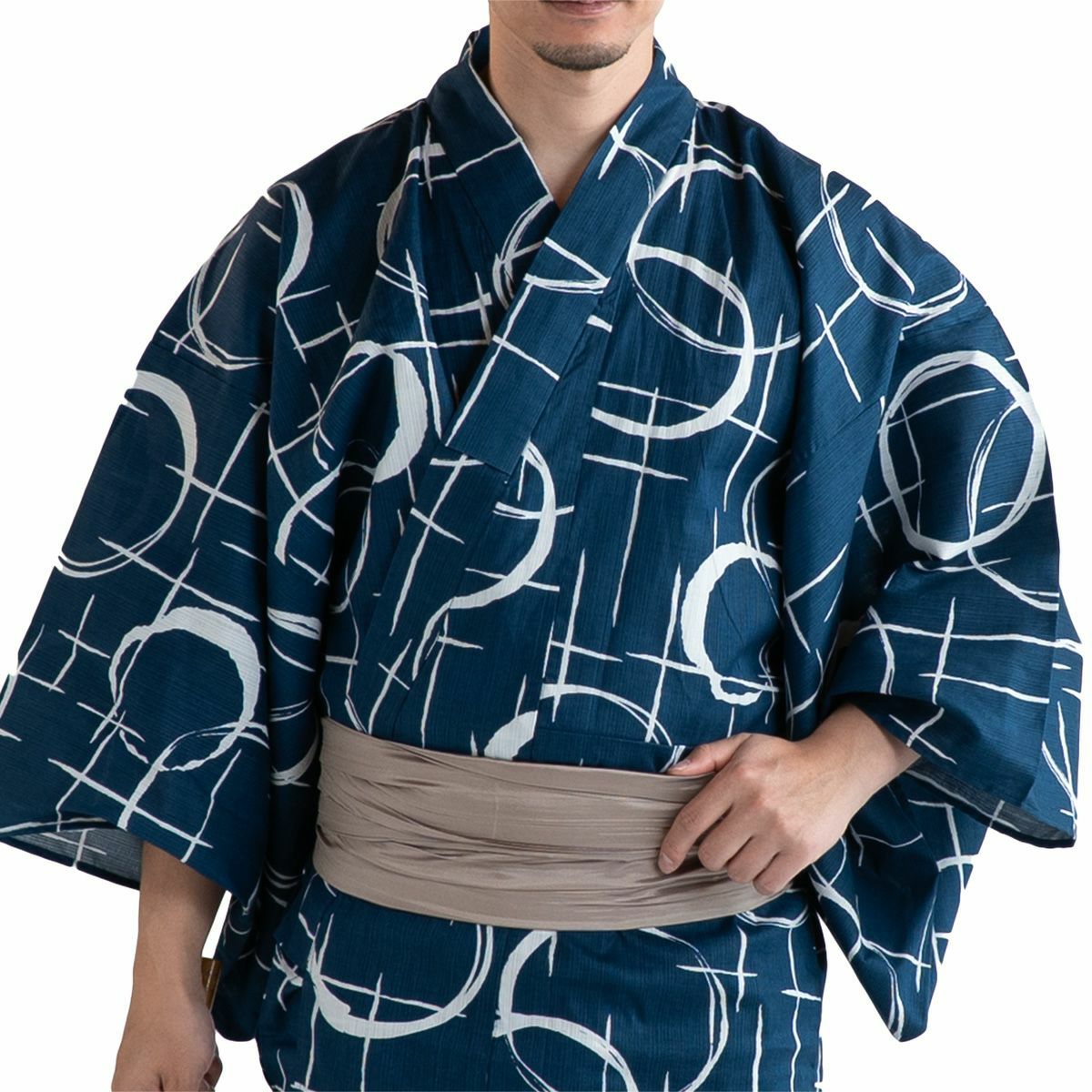 180cm前後対応 メンズ浴衣 単品 綿 モデル着用 古典柄 筆描き円文様 紺