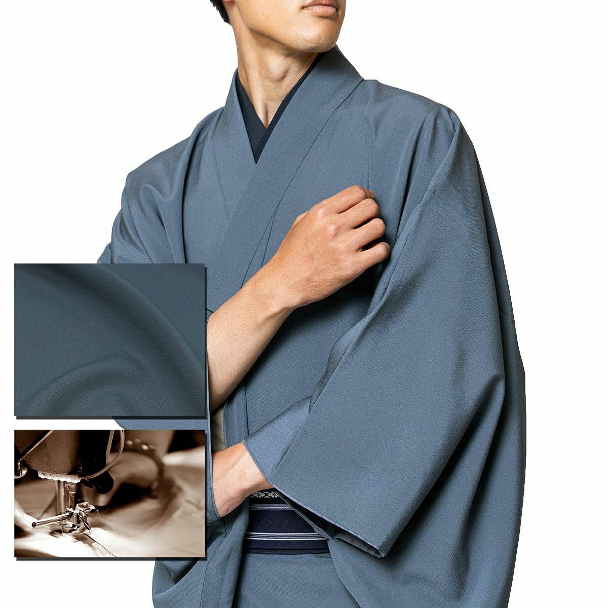 小紋　フルセット　着物　正絹　紺水色グレー　爽やか　花　麻模様　F7 色紋付の東レシルックオーダー着物(もしくは羽織) ちりめん 洗える着物