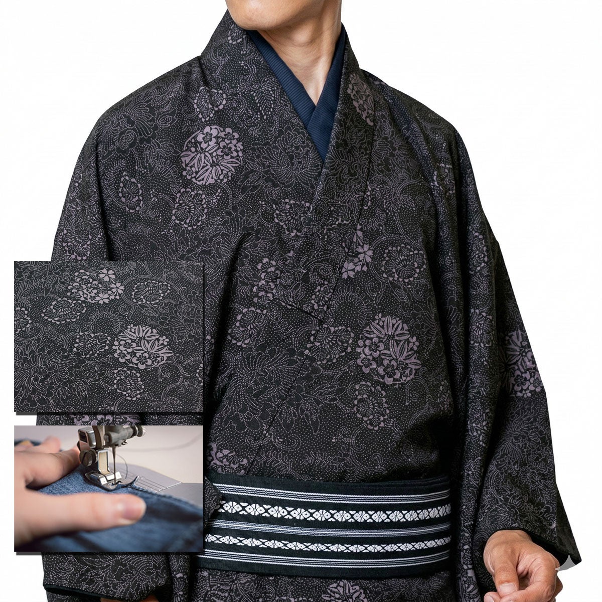 洗える江戸小紋 フルセット｜黒地×小花柄｜上品カジュアル着物コーデ 仕立てオーダー着物(もしくは羽織) 洗える着物 江戸小紋 花丸唐草 黒