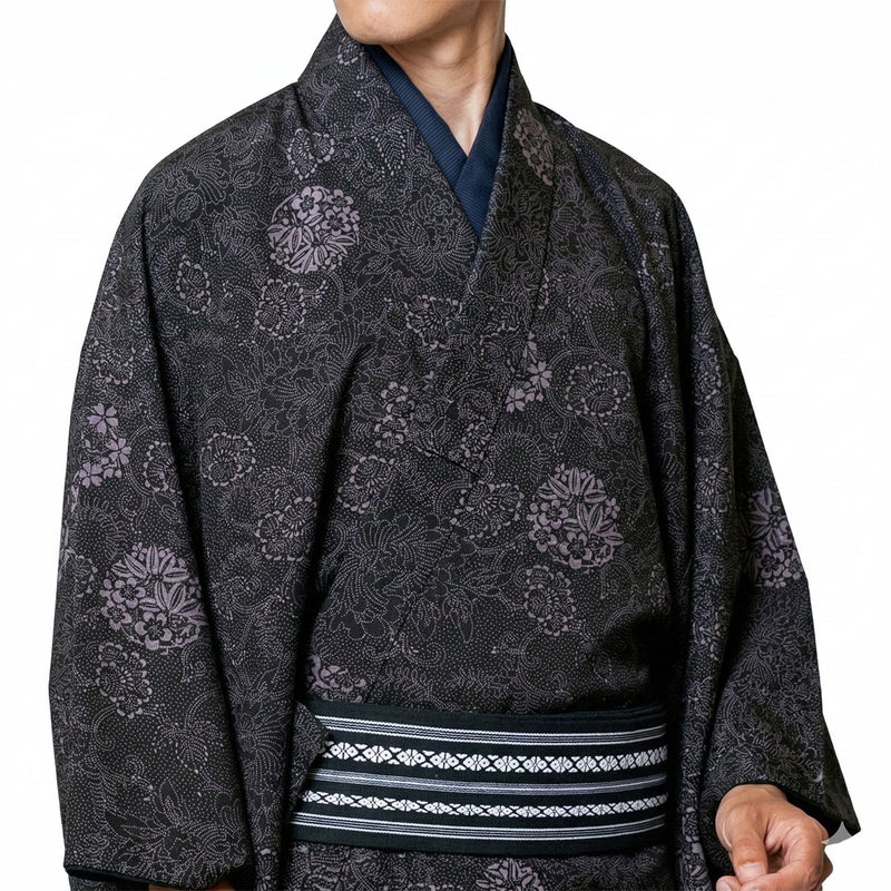 男着物 江戸小紋 単衣 花丸唐草 黒
