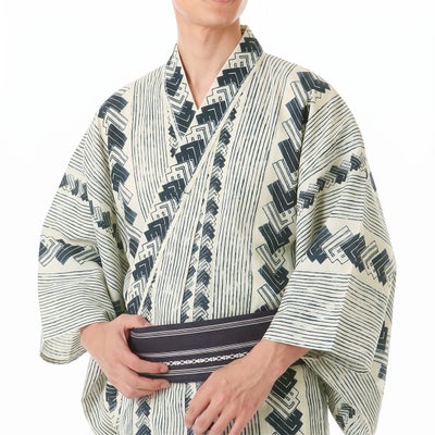 メンズ浴衣 綿 幾何学文様 生成り