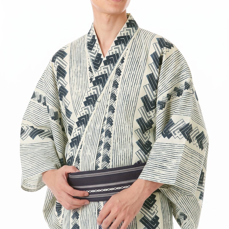 メンズ浴衣 綿 幾何学文様 生成り