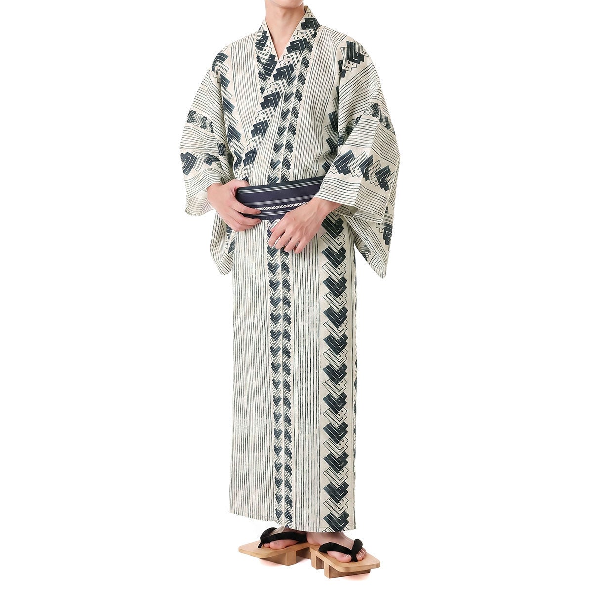 メンズ浴衣 綿 幾何学文様 生成り