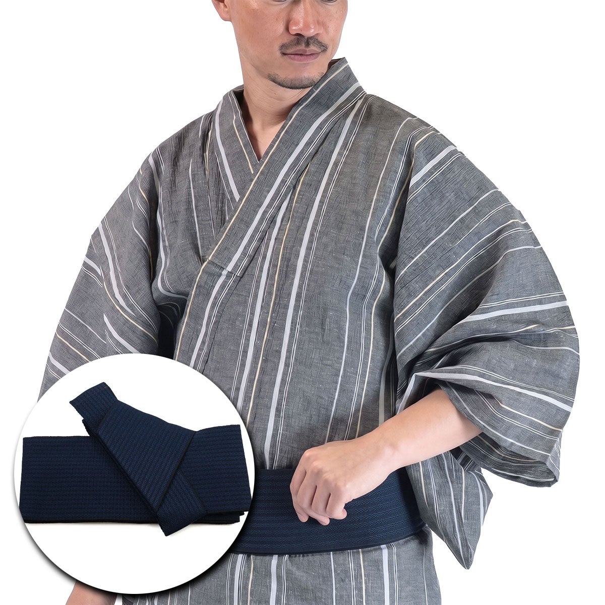 メンズ浴衣セット｜近江ちぢみ綿麻（グレー）着付け簡単セット