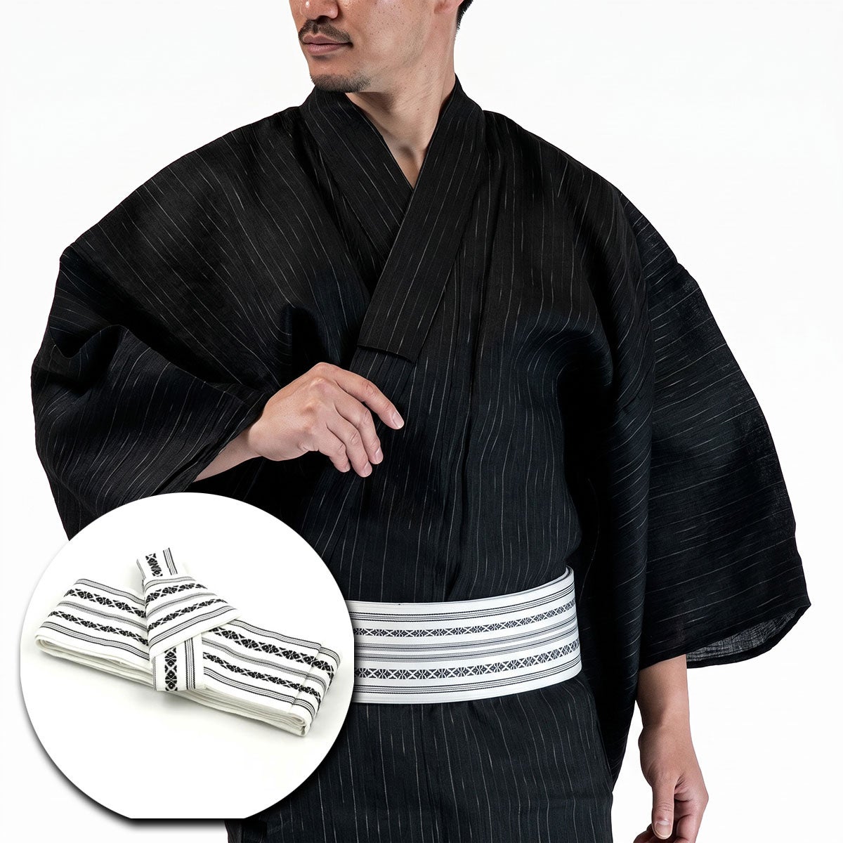 メンズ浴衣セット｜近江ちぢみ本麻（黒）着付け簡単セット