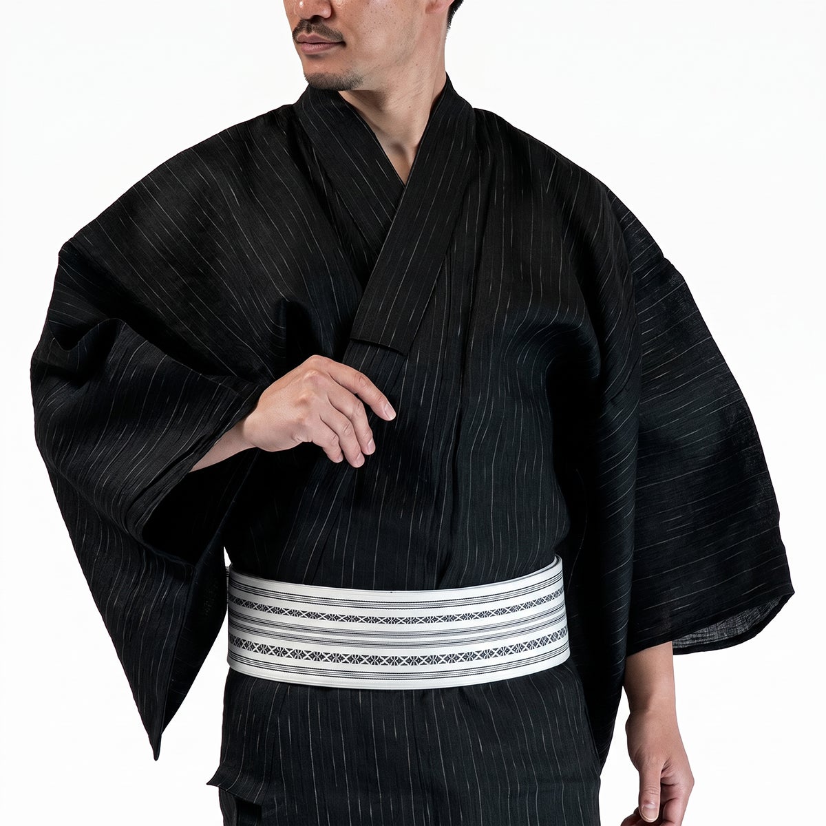 メンズ浴衣セット｜大きいサイズの近江ちぢみ本麻（黒）着付け簡単セット