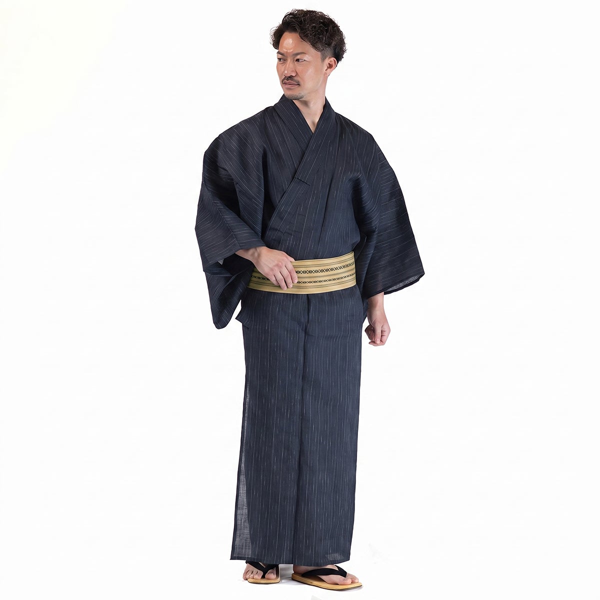 メンズ浴衣セット｜大きいサイズの近江ちぢみ本麻（濃紺）着付け簡単セット