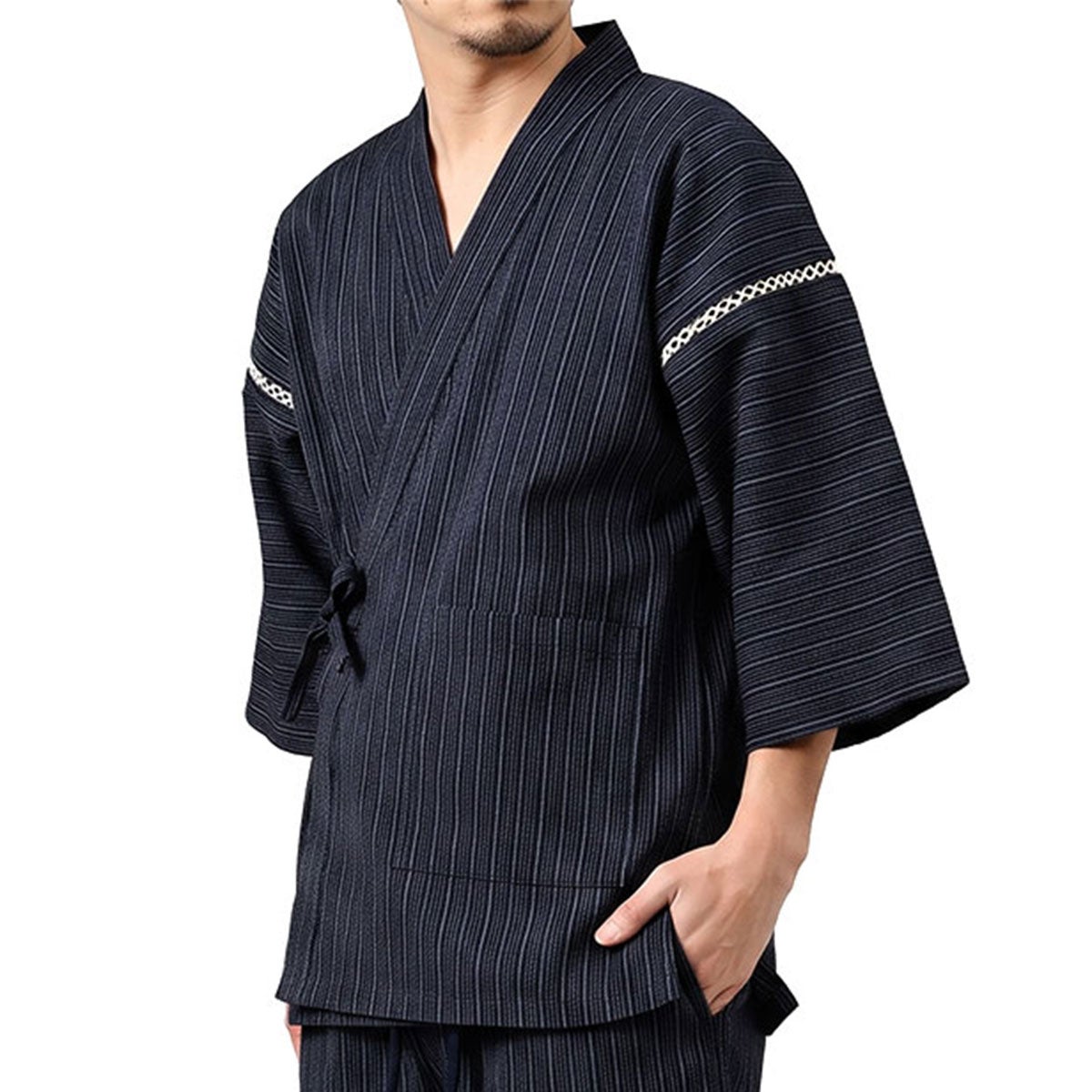 大きいサイズの甚平 男物 しじら織 黒縞