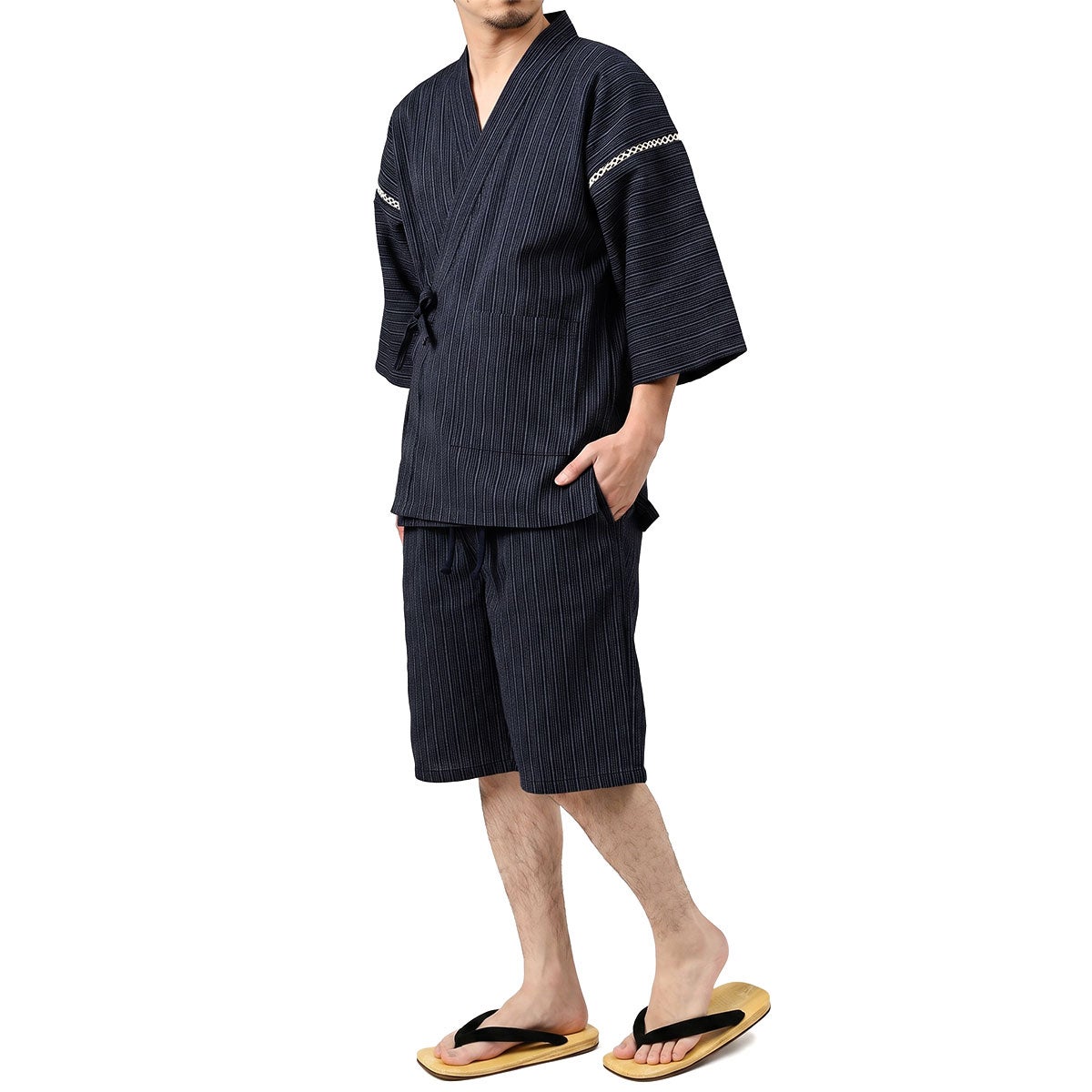大きいサイズの甚平 男物 しじら織 黒縞