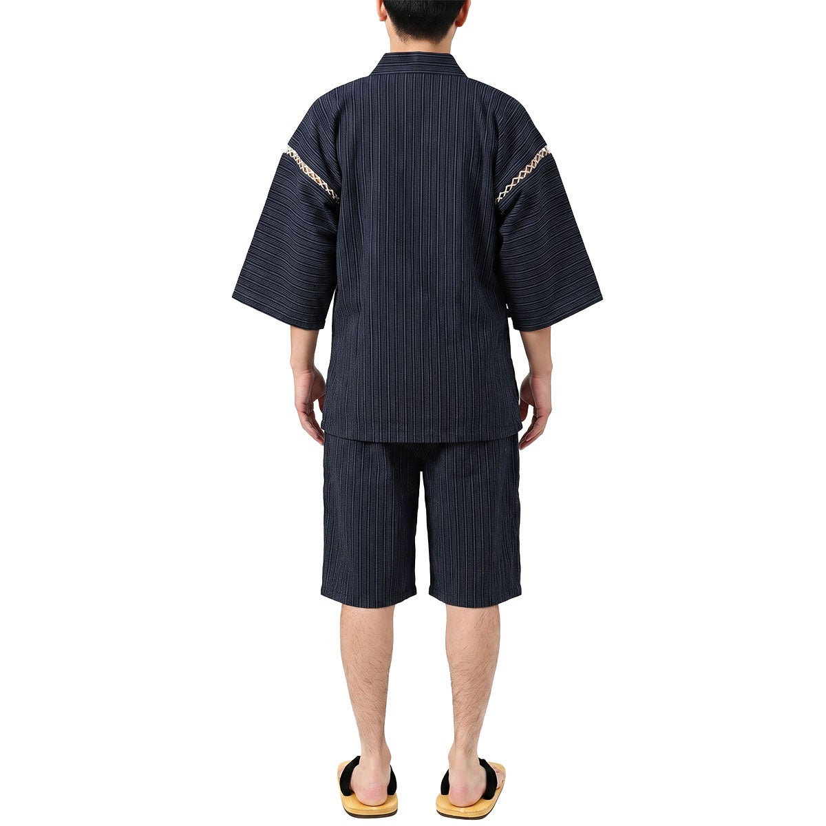 大きいサイズの甚平 男物 しじら織 黒縞