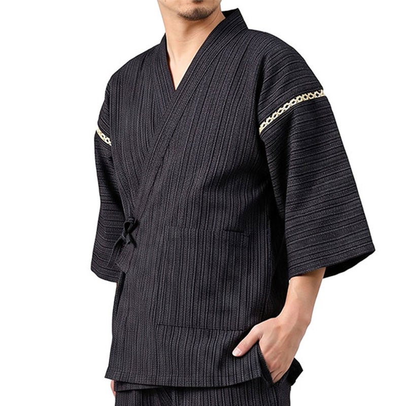 大きいサイズの甚平 男物 しじら織 グレー縞