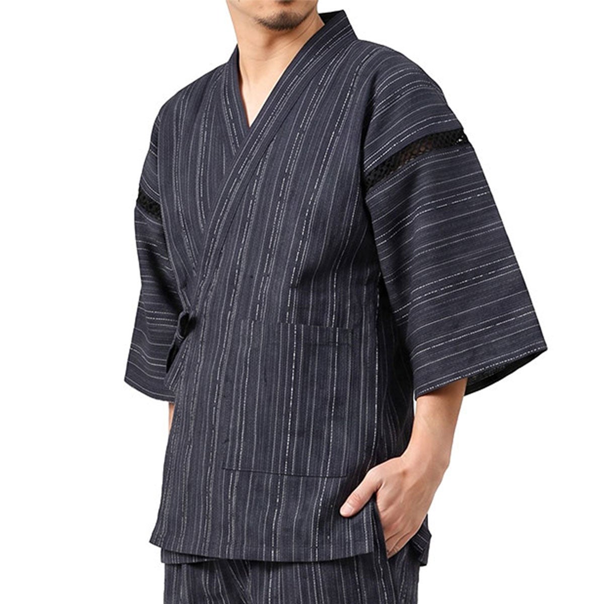甚平 男物 しじら織 黒絣