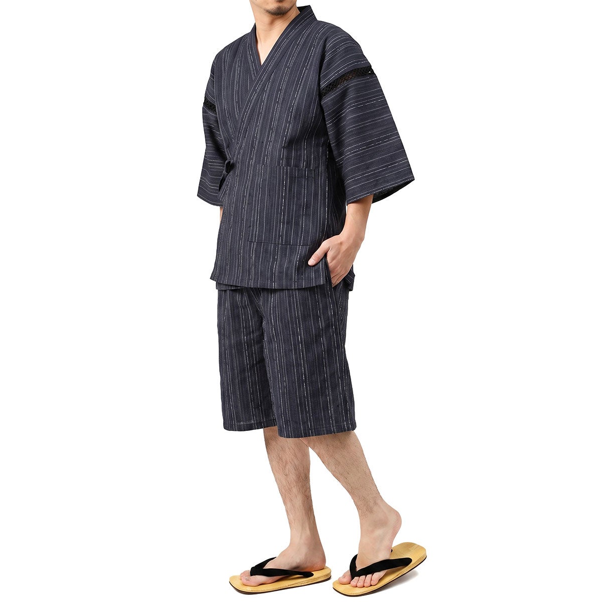 甚平 男物 しじら織 黒絣