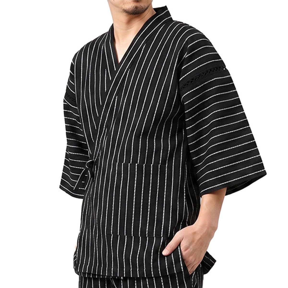甚平 男物 しじら織 黒縞