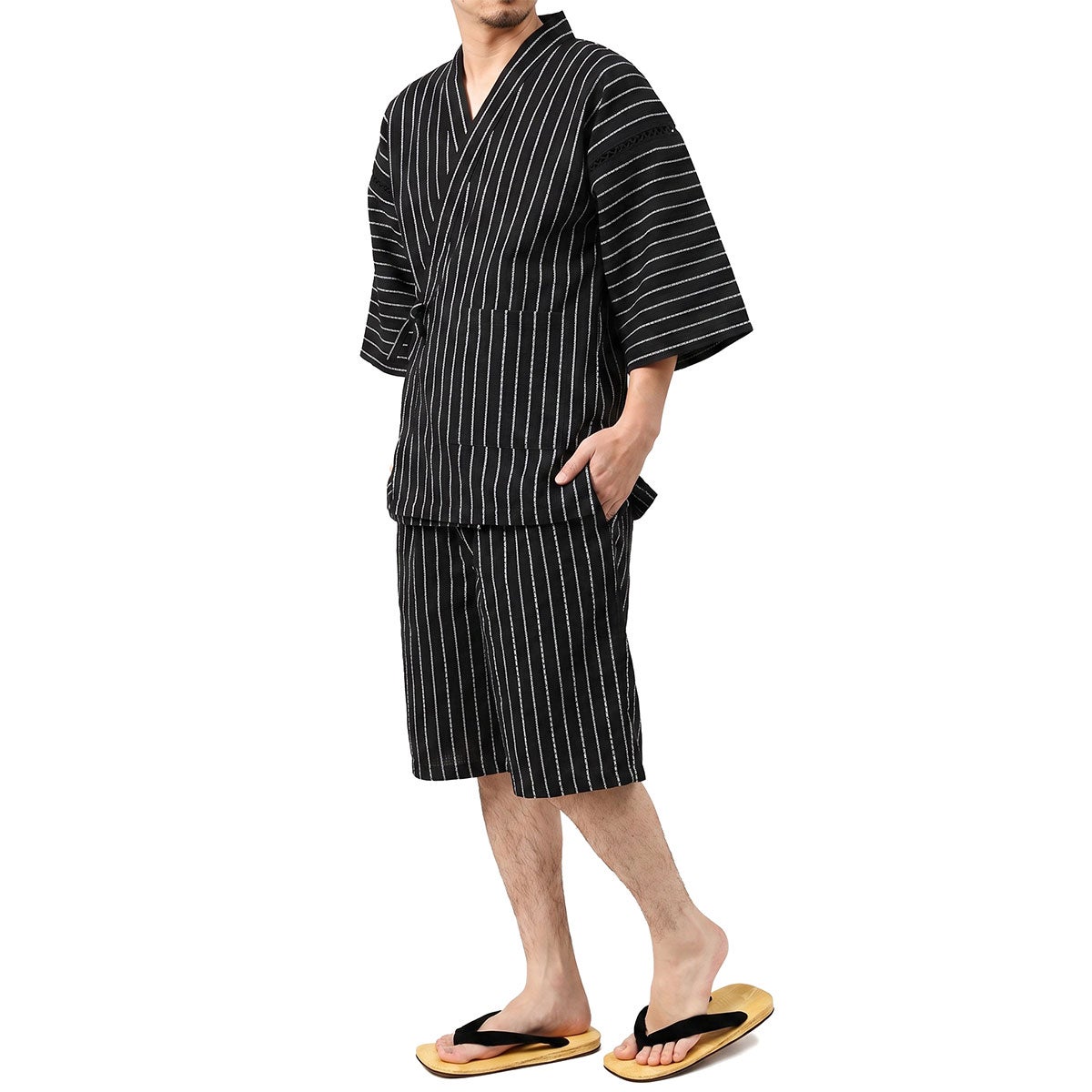 甚平 男物 しじら織 黒縞