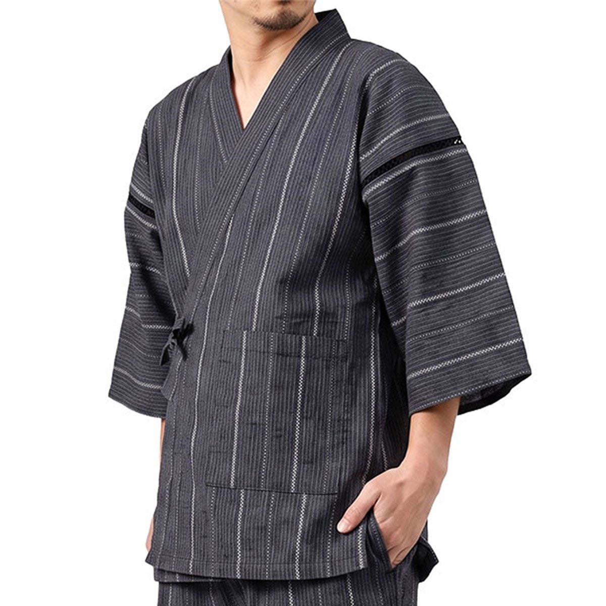 甚平 男物 しじら織 黒縞