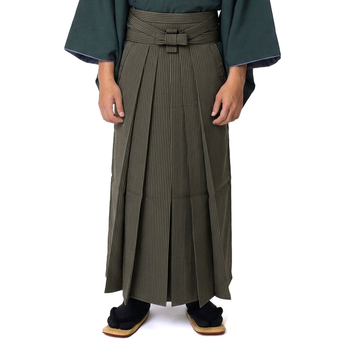 正絹袴 ファスナー付き 馬乗り袴 縞 カーキ