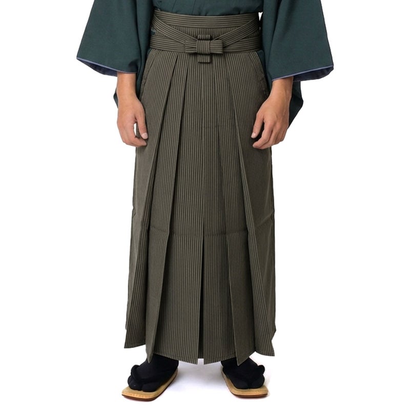 正絹袴 ファスナー付き 馬乗り袴 縞 カーキ